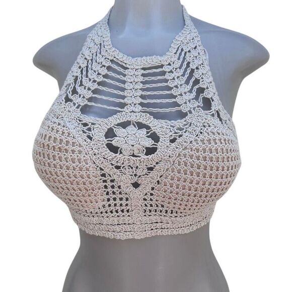 Rebellion Again Crop Top Women's Medium Ecru Crochet Macrame Halter Tie Boho - Picture 1 of 15